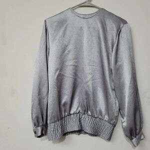 Oscar de la Renta Women's Blouse Top Size 8 Silver 100% Polyester Long Sleeves